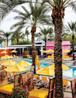 a pool with umbrellas and chairs