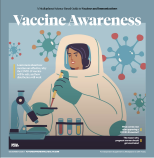 Cover image of Vaccine Awareness Magazine, showing an illustration of a woman in a hazmat suit conducting experiments on vials, with large germ particles behind her.