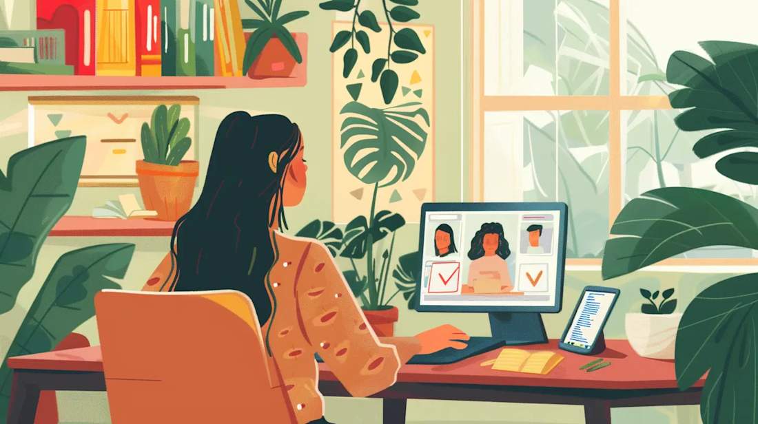 A woman participating in an online support group