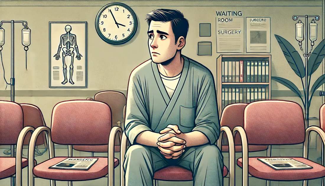 A worried surgical patient sitting in a waiting room  showing clear signs of anxiety