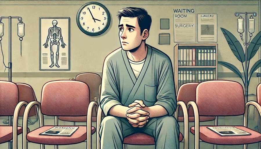 A worried surgical patient sitting in a waiting room  showing clear signs of anxiety