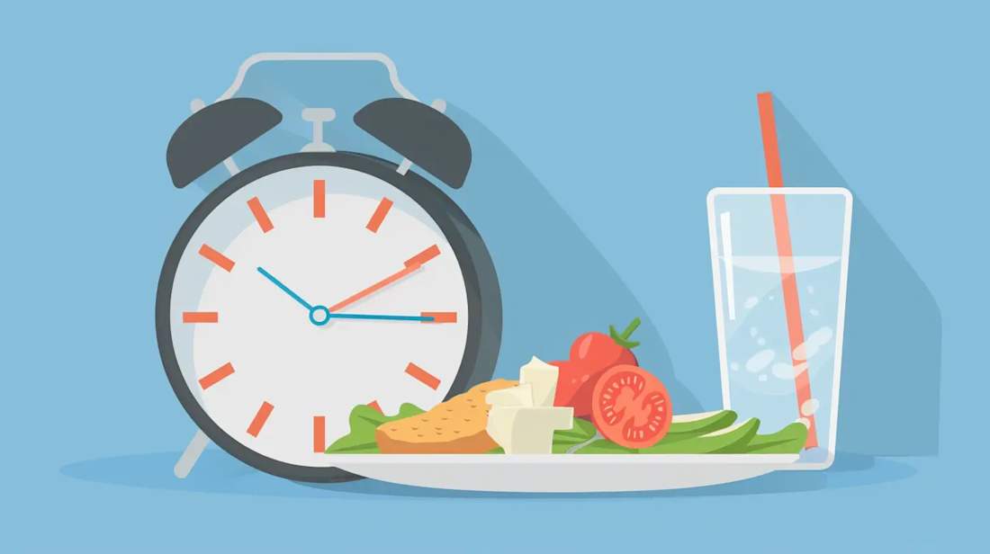 Illustration of a clock with a plate of food and a glass of water  symbolizing fasting time before surgery