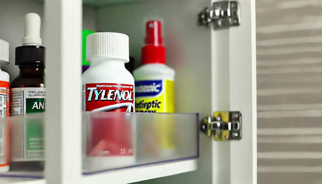 A bottle of tylenol placed inside a medicine cabinet
