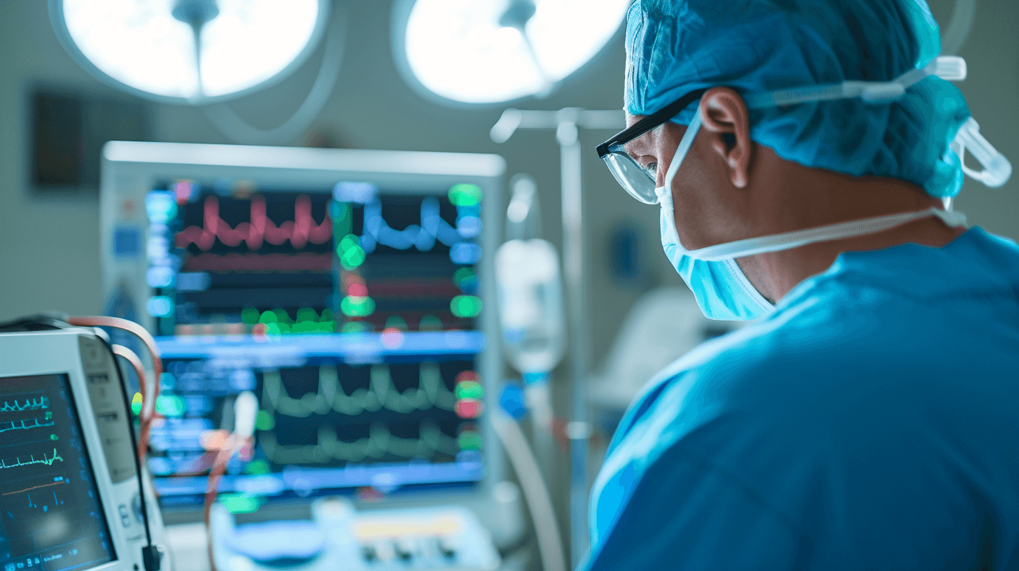 An anesthesiologist monitoring vital signs