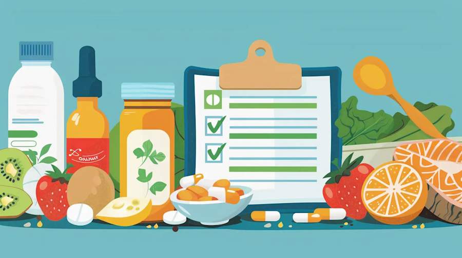 Pre-surgery preparation checklist with healthy foods and medication management
