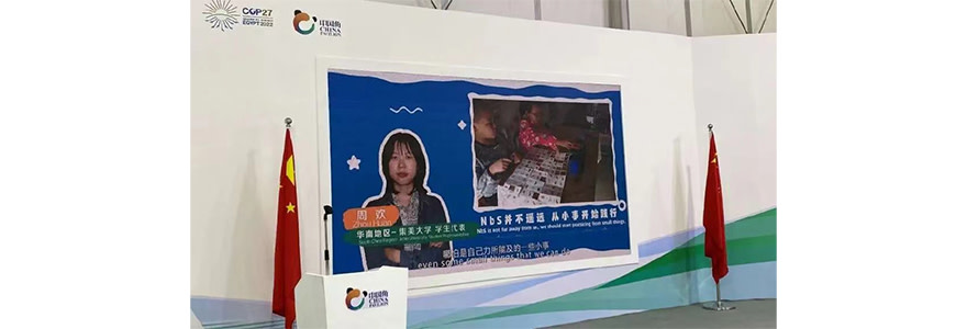 COP27中國角青年應對氣候變化主題邊會現場,屏幕播放2021-2022“寶潔中國先鋒計劃”總結視頻