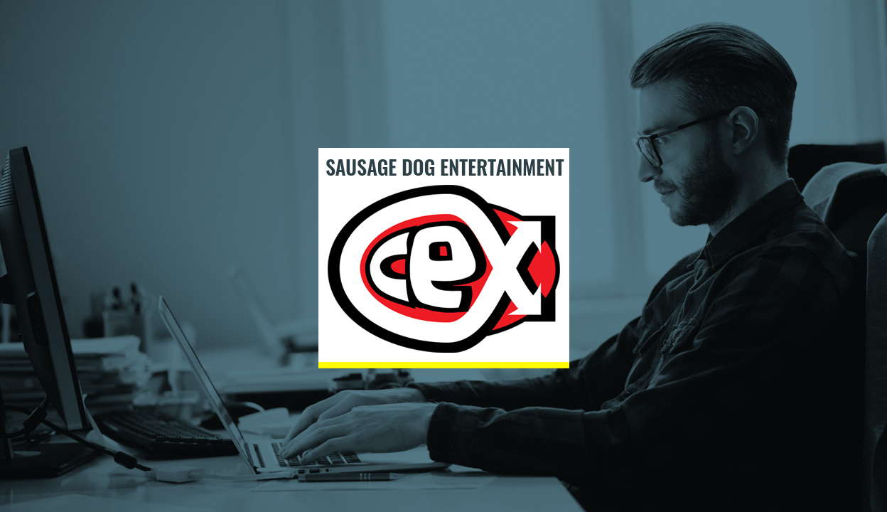Man sitting at a desk, using a laptop with the CEX logo in the middle of the image. The image has a grey overlay except for the cex logo.