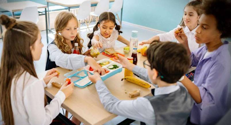 Children at school lunch table