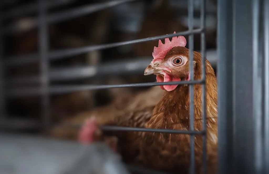 A hen in a battery cage looking out.