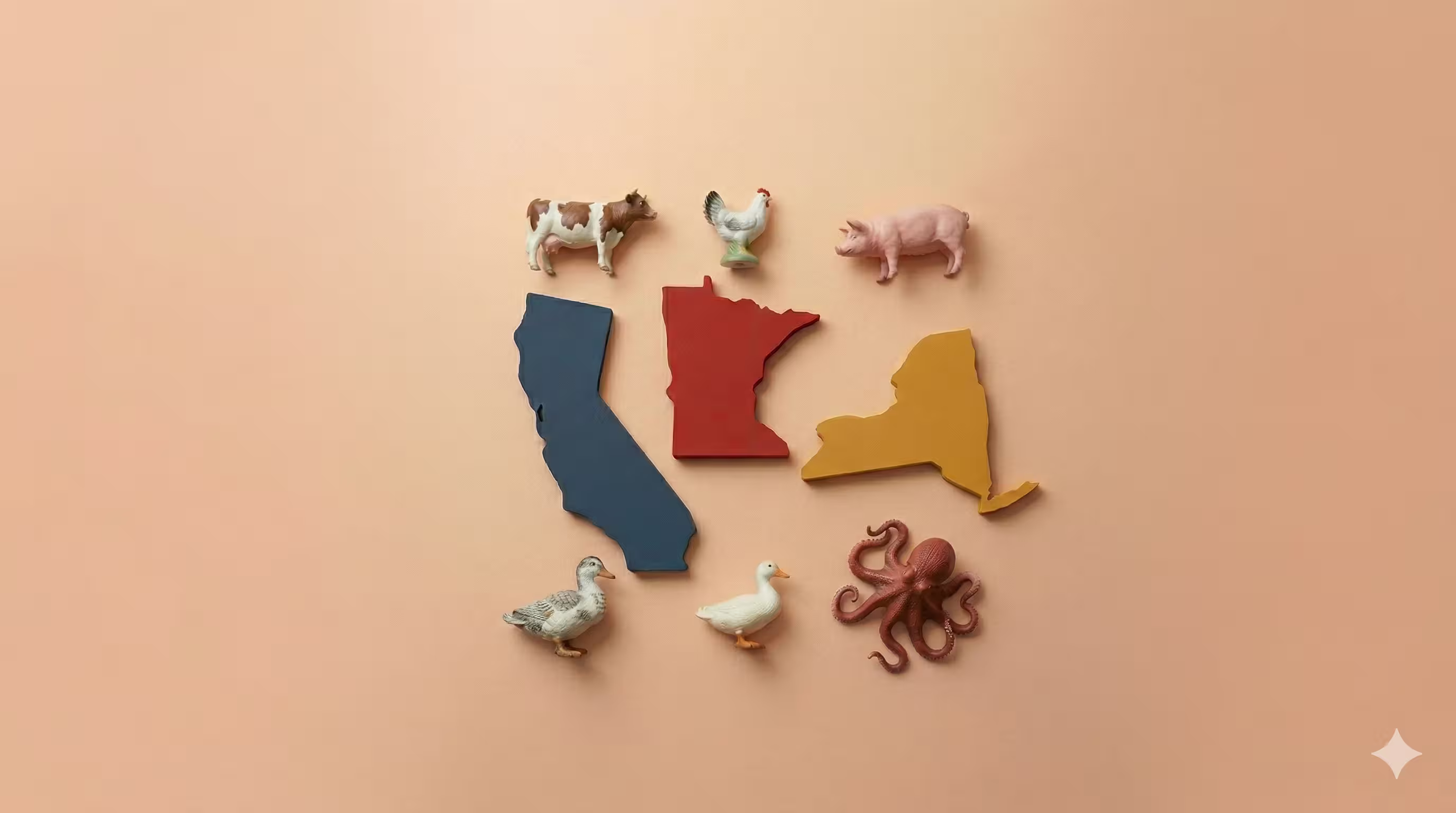 Flatlay on a peach background with realistic wooden cutouts of California (blue), Minnesota (red), and New York (yellow). Neatly surrounded by figures of a cow, chicken, and pig above, and two ducks and an octopus below.