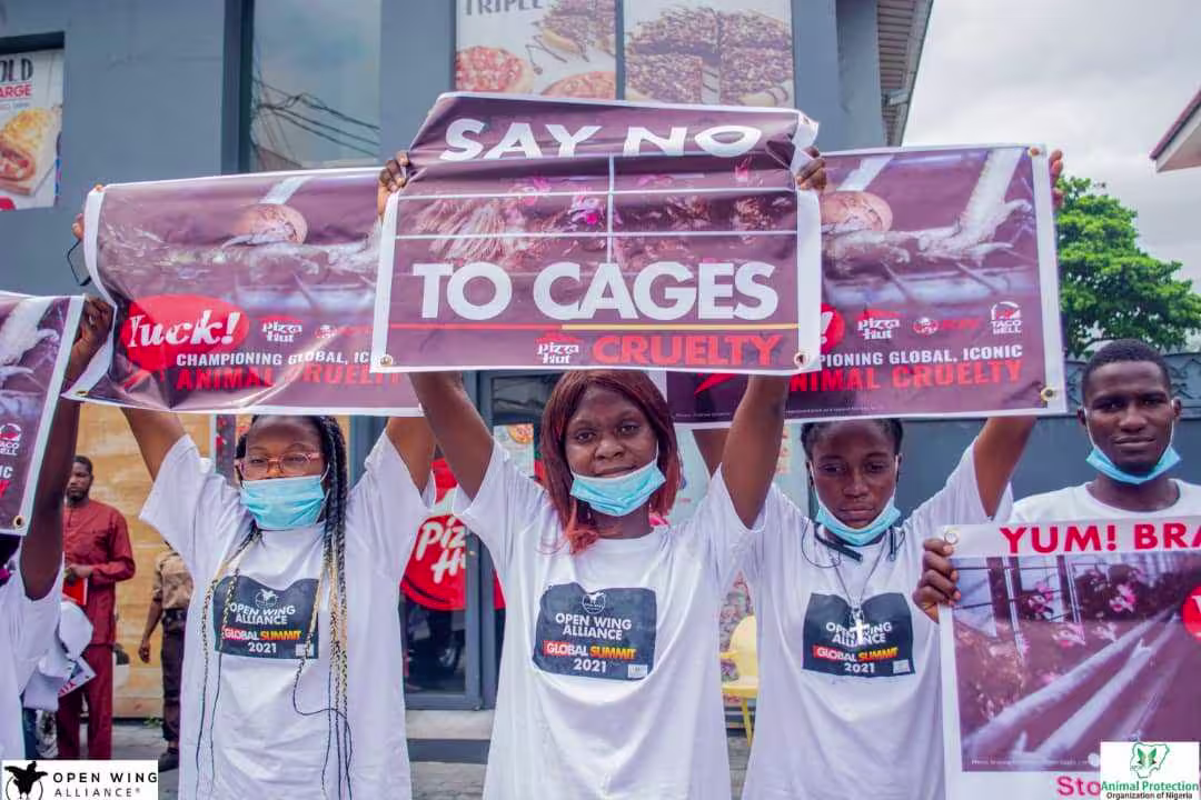 Protesters in Nigeria hold up banner reading 'say no to cages'
