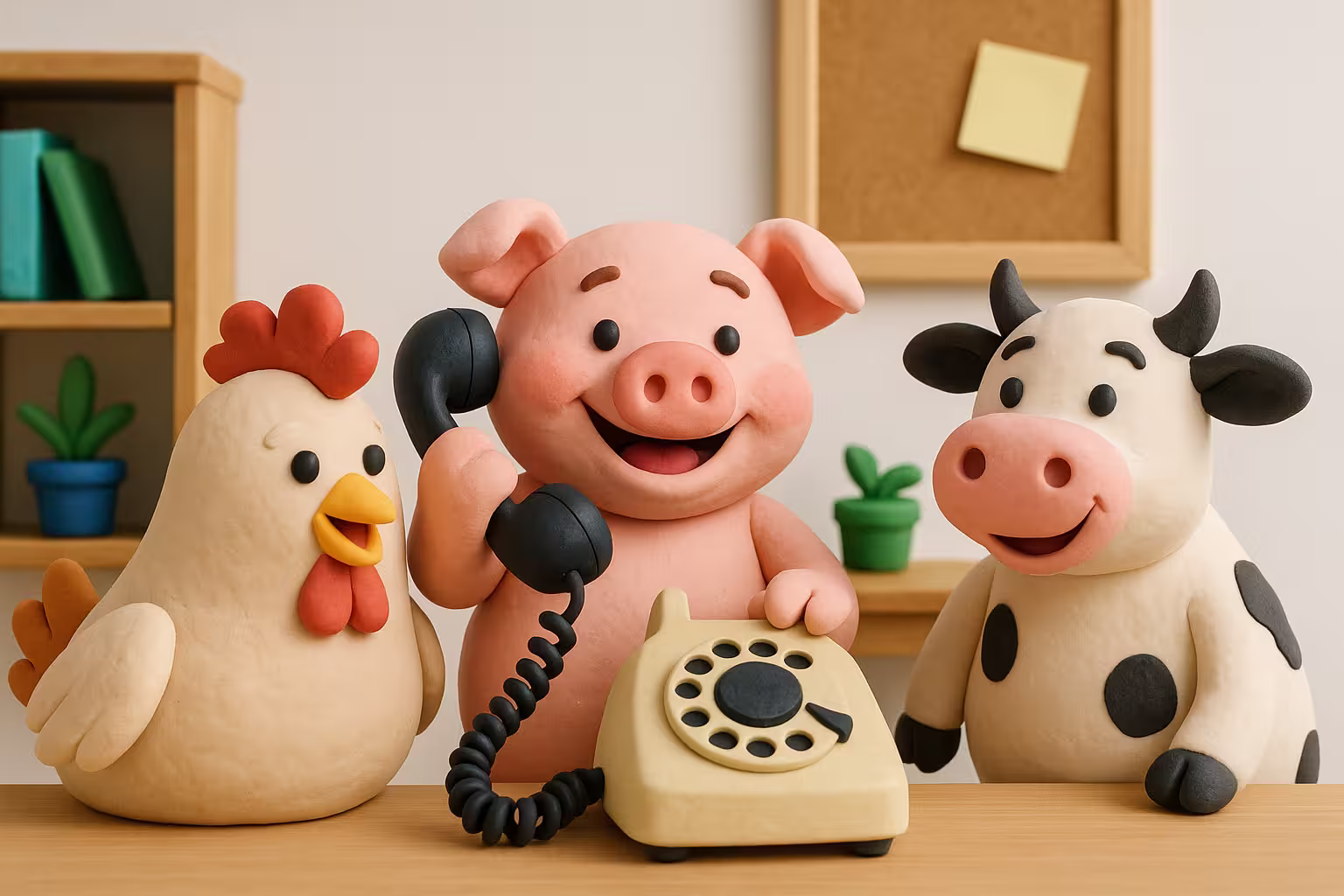 generated-image-1752162511447 claymation pig cow chicken phone call