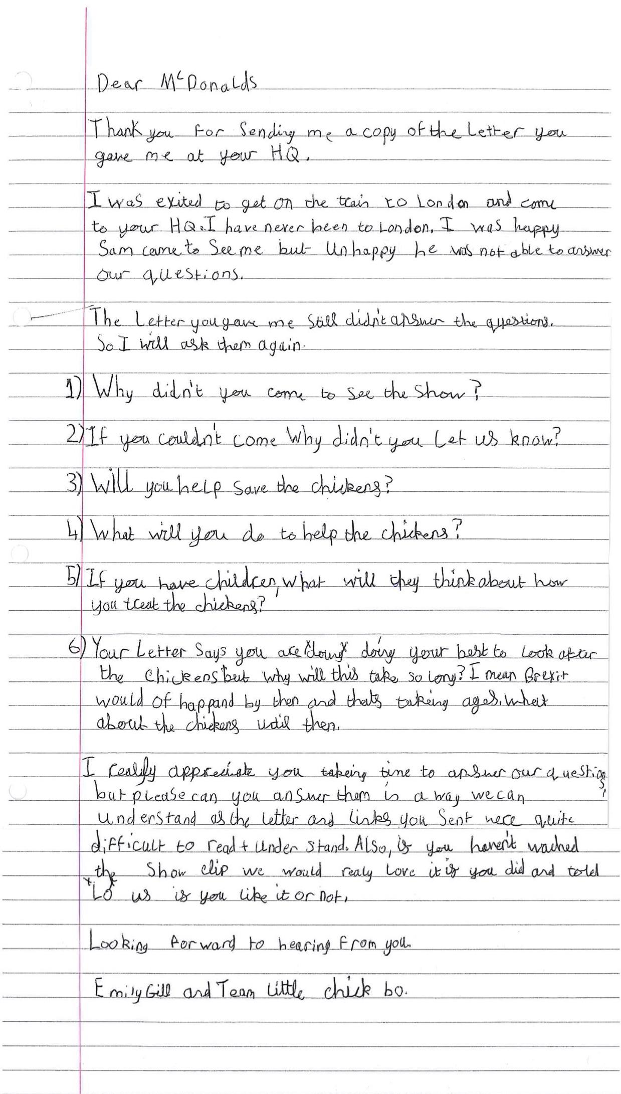 Letter written to McDonald's by Emily, age 11