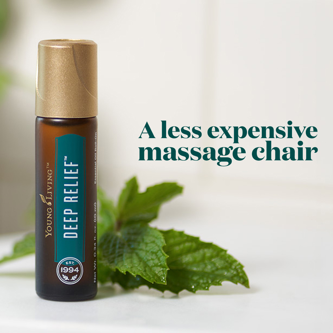 Young Living Deep Relief roll-on bottle positioned upright next to fresh mint leaves, with headline text that reads: A less expensive massage chair.