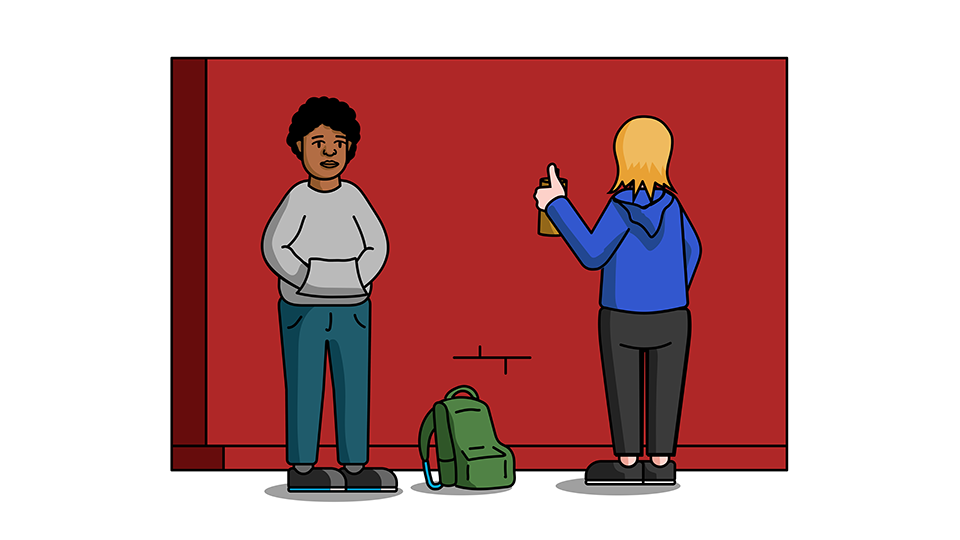 A cartoon of two people standing against a wall. A person of color looks away from the wall while a white person begins to spray paint the wall.
