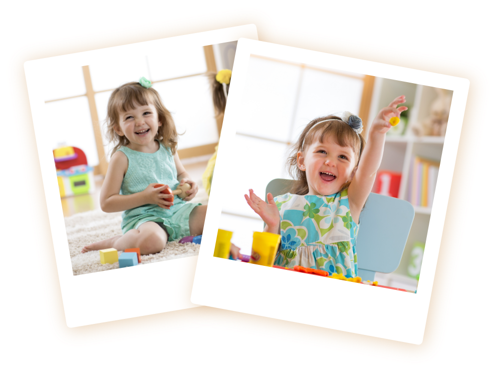 two polaroids showing a child playing in a classroom