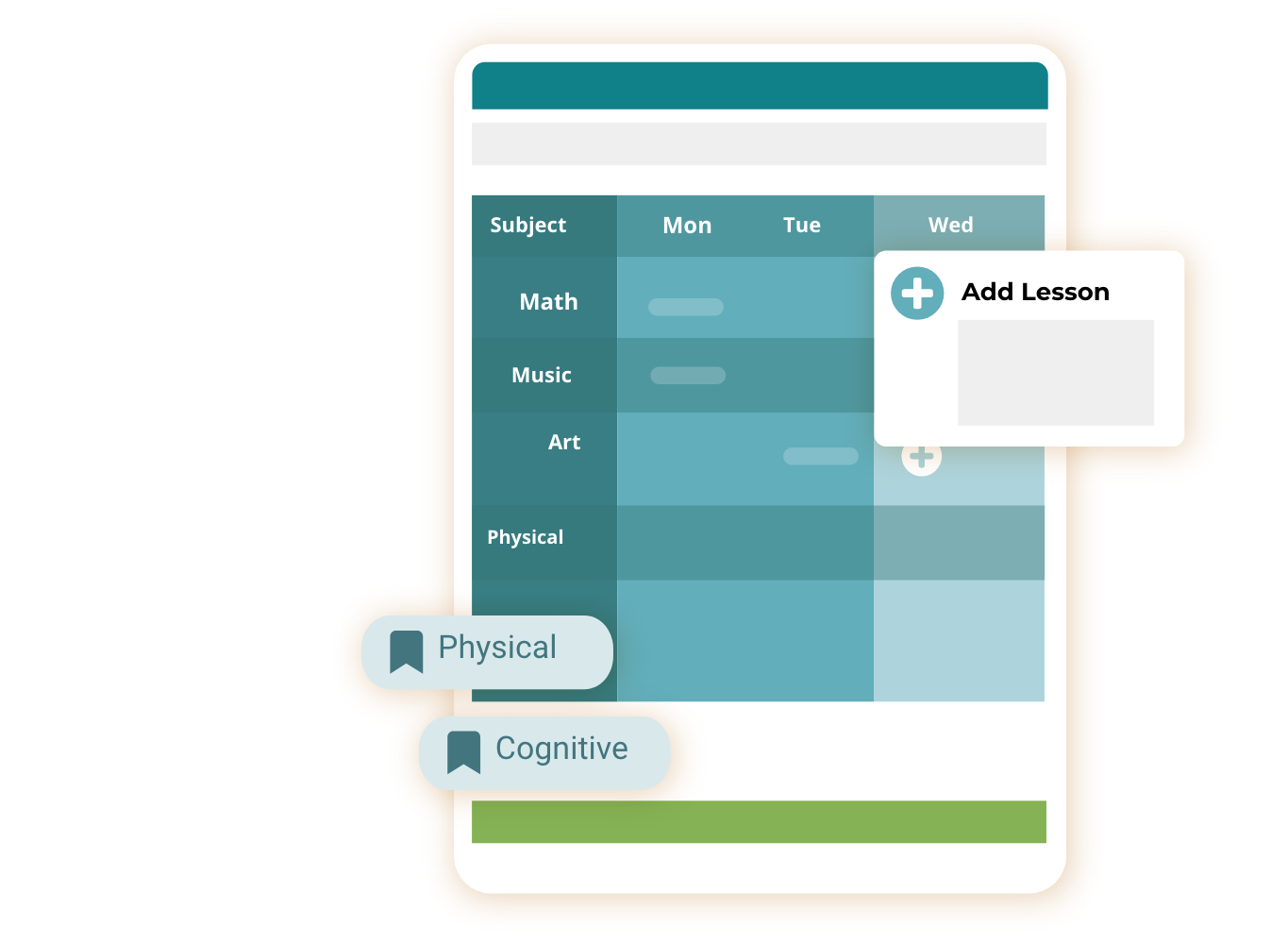 Screenshot of activity planner with a large blue plus sign inside a white circle, hovering over purple dashed rectangle