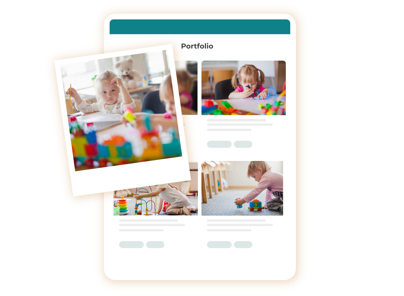 Screenshot of a portfolio containing pictures of children's activities, hovering over green dashed rectangle