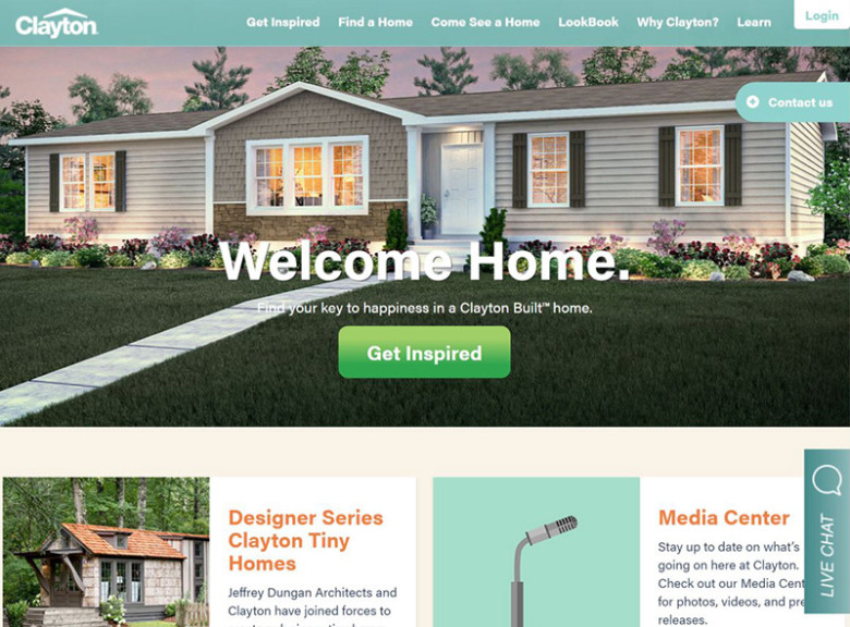 Screenshot of website that says Welcom Home and features brown manufactured home.