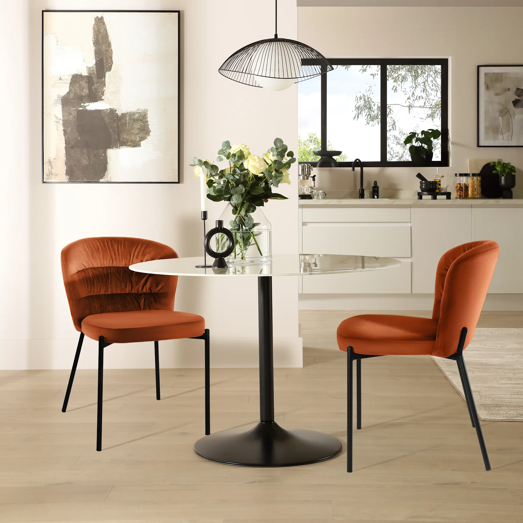 Orbit Round Dining Table & 2 Gianna Chairs, White Marble Effect & Black Steel, Burnt Orange Classic Velvet, 110cm