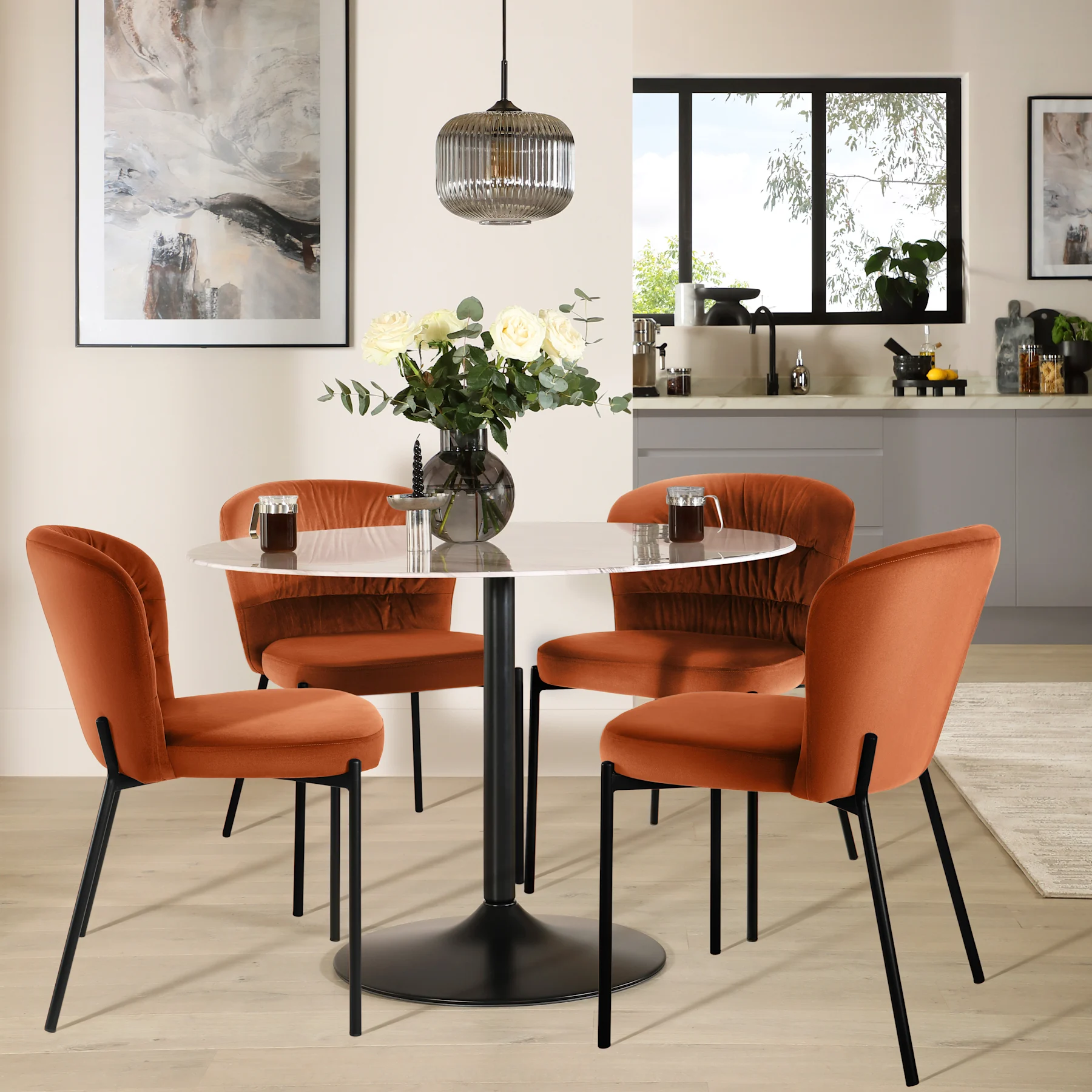 Orbit Round Dining Table & 4 Gianna Chairs, Grey Marble Effect & Black Steel, Burnt Orange Classic Velvet, 110cm