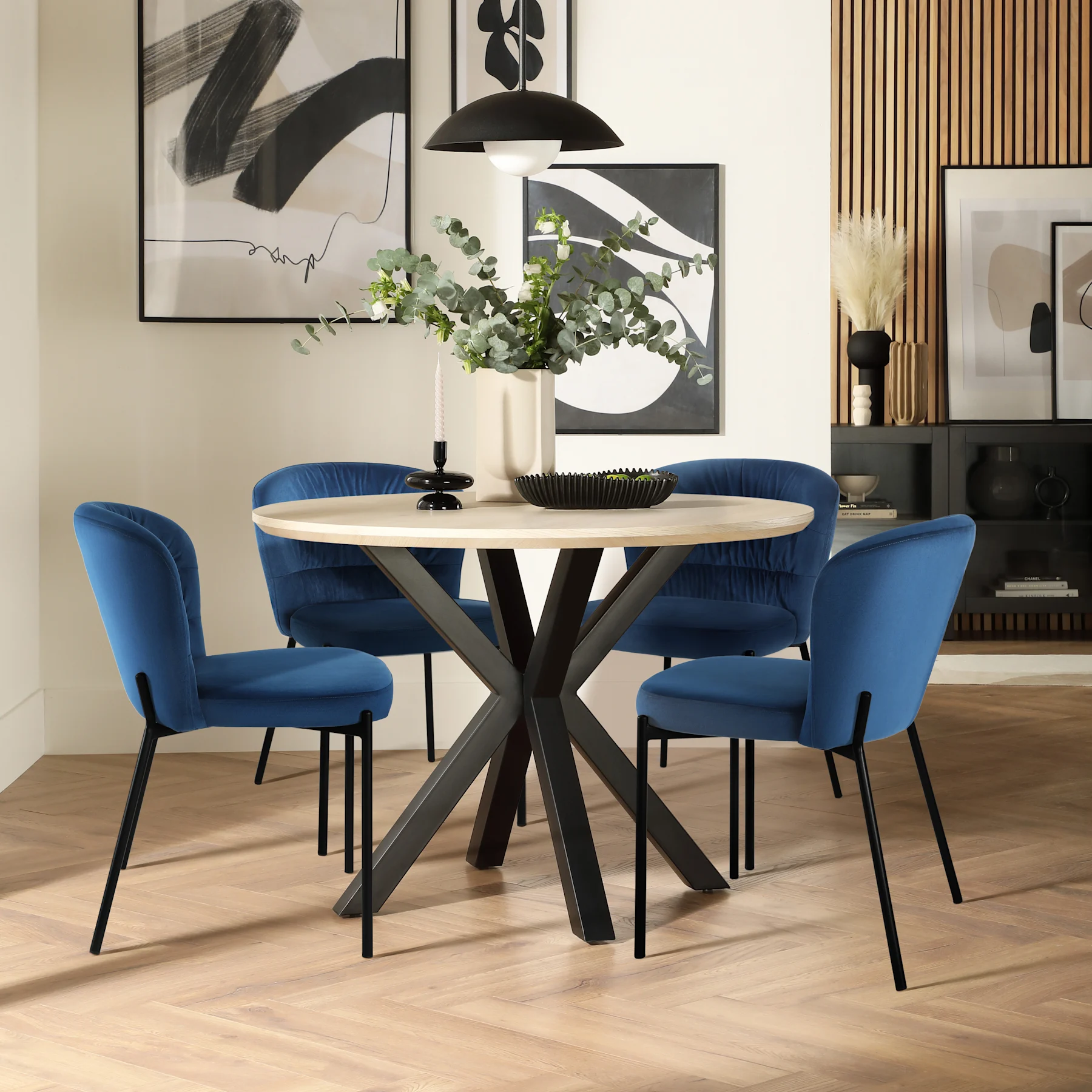 Newark Round Dining Table & 4 Gianna Chairs, Light Oak Effect & Black Steel, Blue Classic Velvet, 110cm