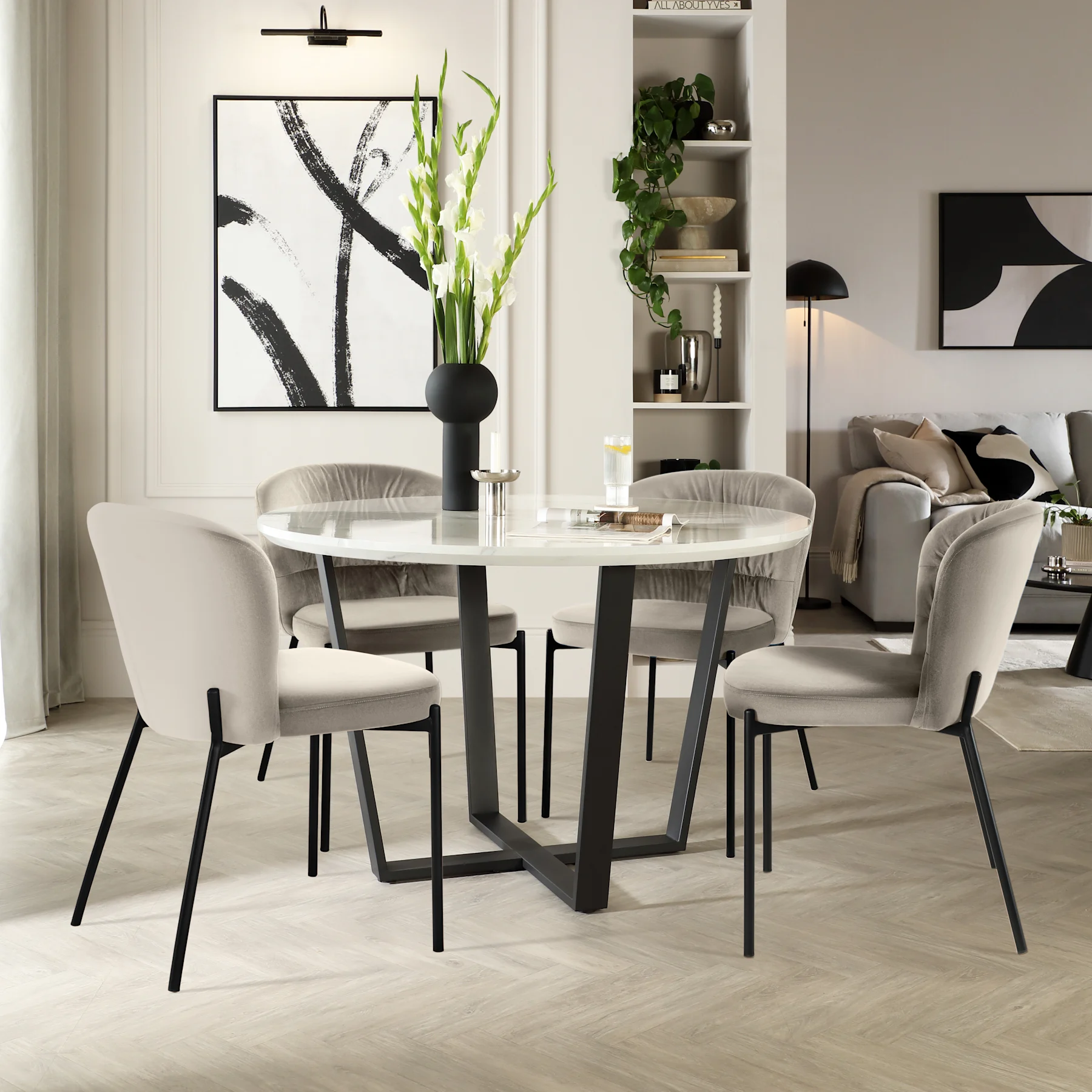 Traviso Round Dining Table & 4 Gianna Chairs, White Marble Effect & Black Steel, Grey Classic Velvet, 120cm