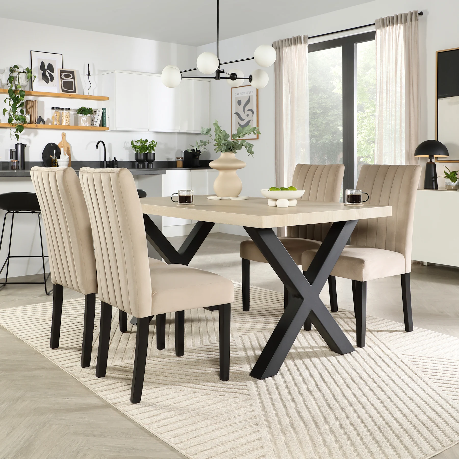 Franklin Dining Table & 4 Salisbury Chairs, Light Oak Effect & Black Steel, Champagne Classic Velvet & Black Solid Hardwood, 150cm