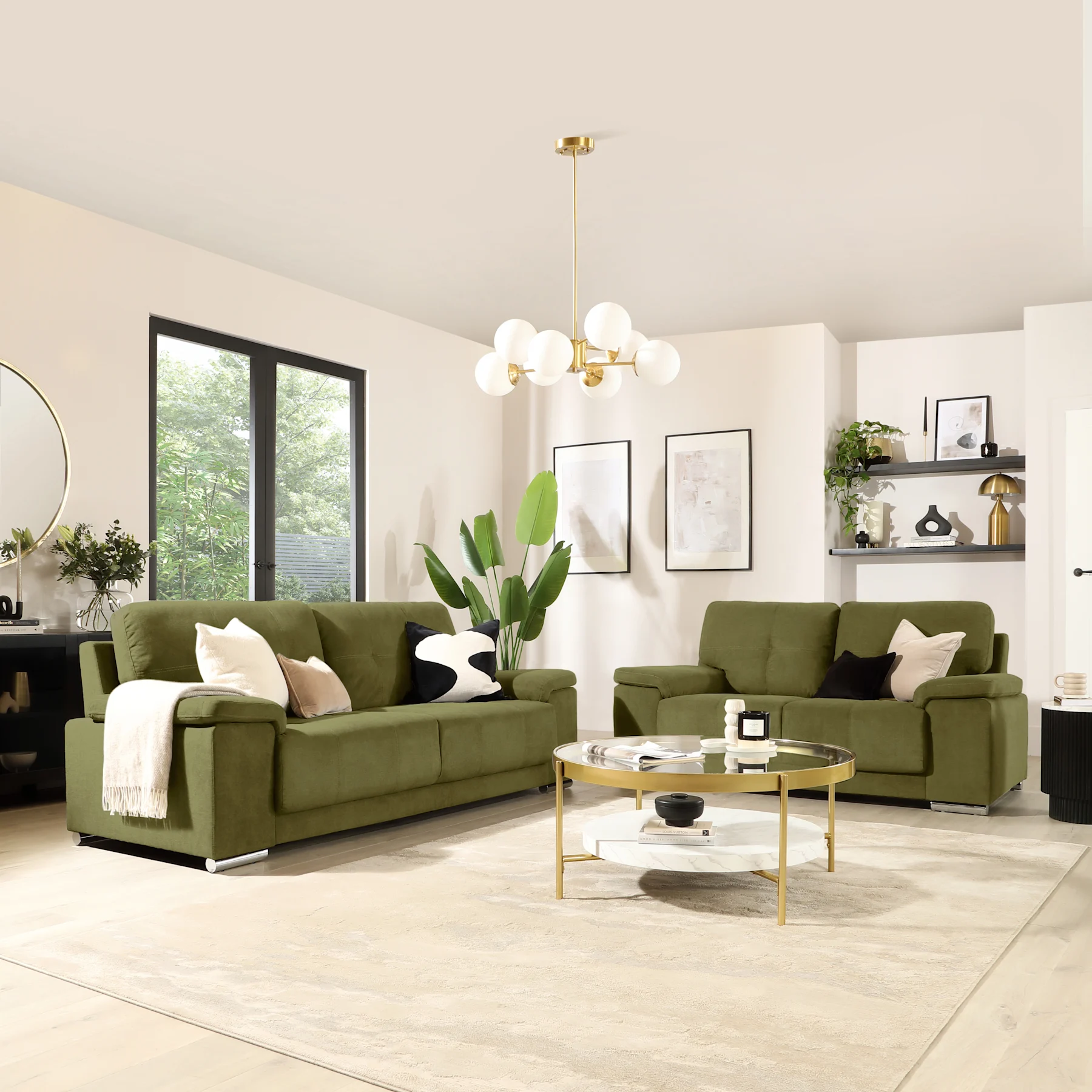 Kansas 3+2 Seater Sofa Set, Olive Green Classic Plush Fabric