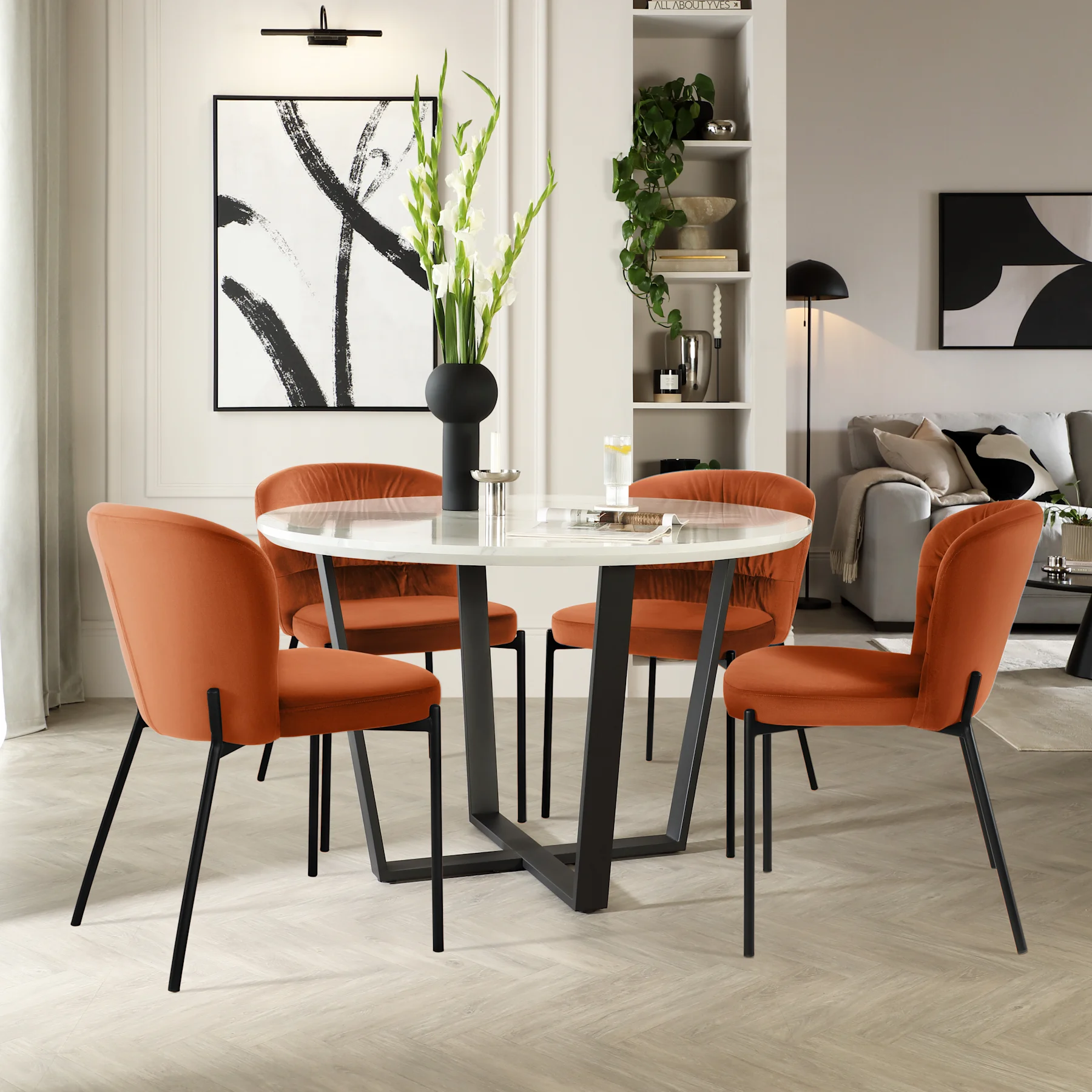Traviso Round Dining Table & 4 Gianna Chairs, White Marble Effect & Black Steel, Burnt Orange Classic Velvet, 120cm