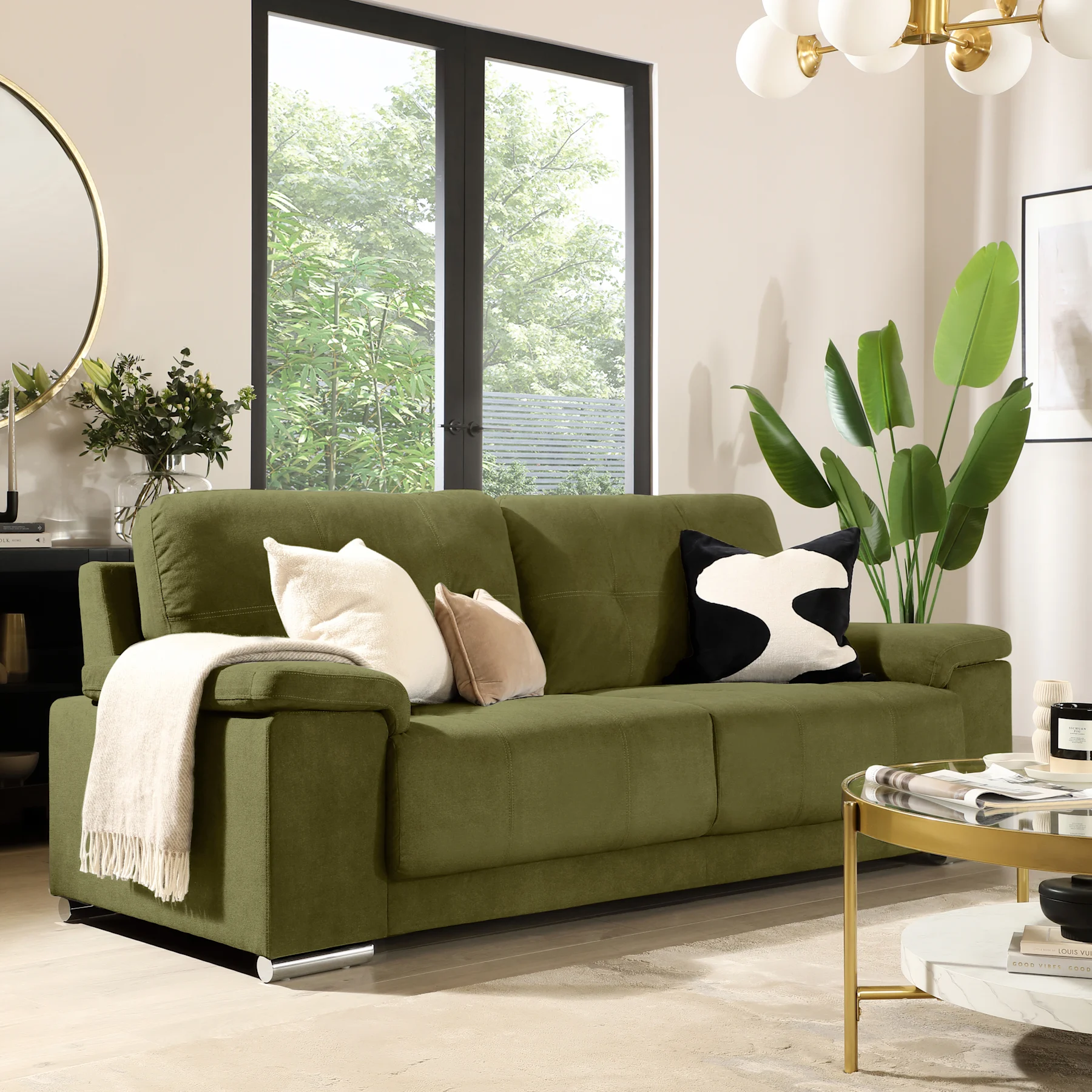Kansas 3 Seater Sofa, Olive Green Classic Plush Fabric