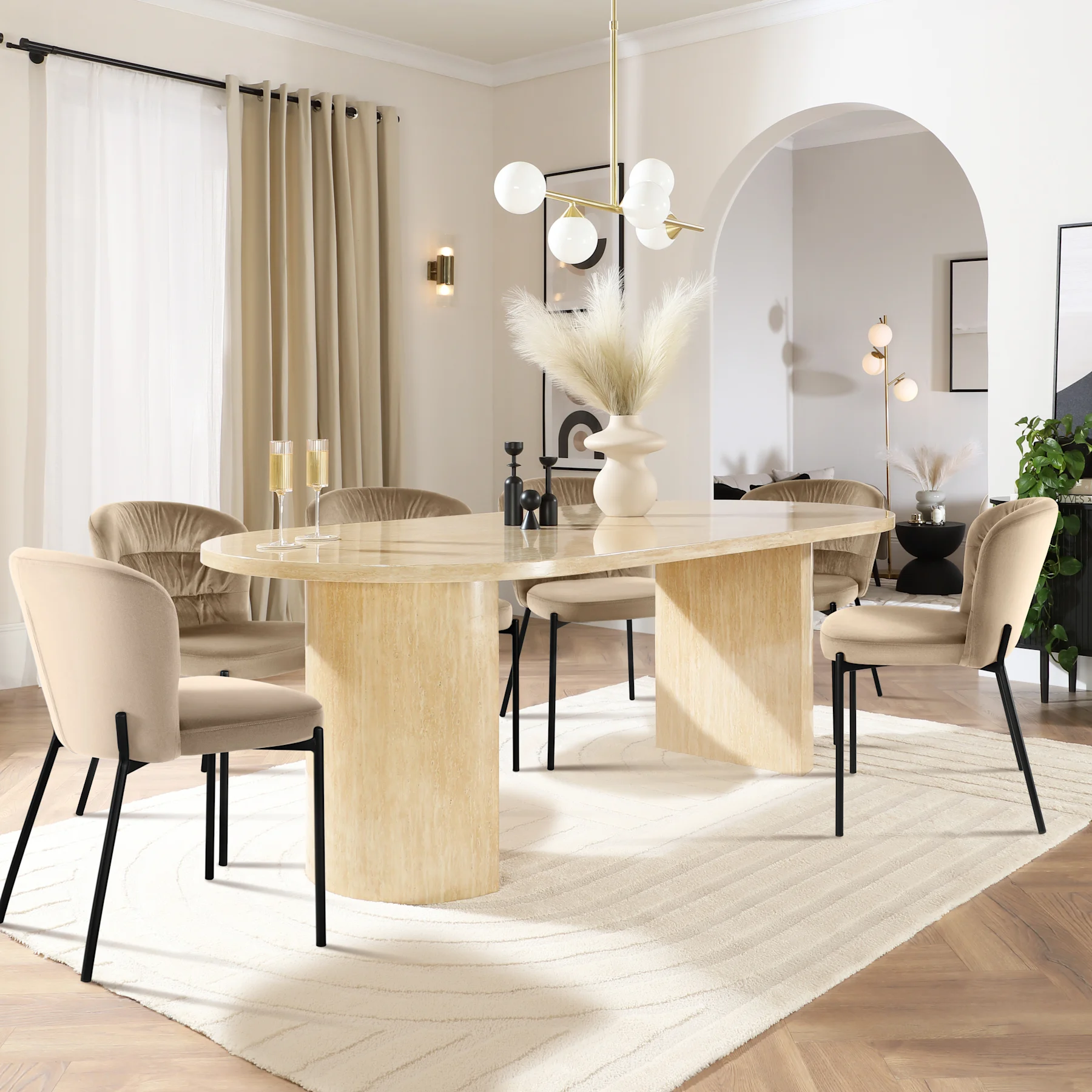 Genoa Oval Dining Table & 6 Gianna Chairs, Travertine Stone Effect, Champagne Classic Velvet & Black Steel, 220cm