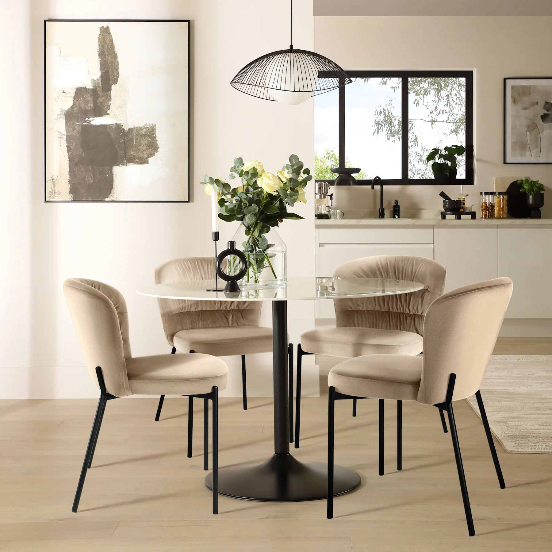 Orbit Round Dining Table & 4 Gianna Chairs, White Marble Effect & Black Steel, Champagne Classic Velvet, 110cm