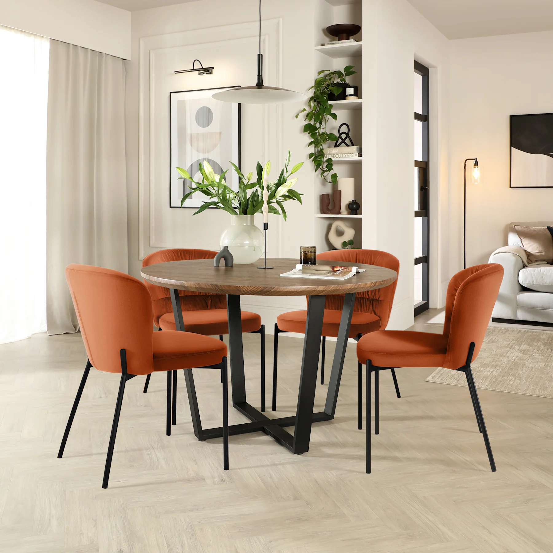 Traviso Round Dining Table & 4 Gianna Chairs, Walnut Effect & Black Steel, Burnt Orange Classic Velvet, 120cm