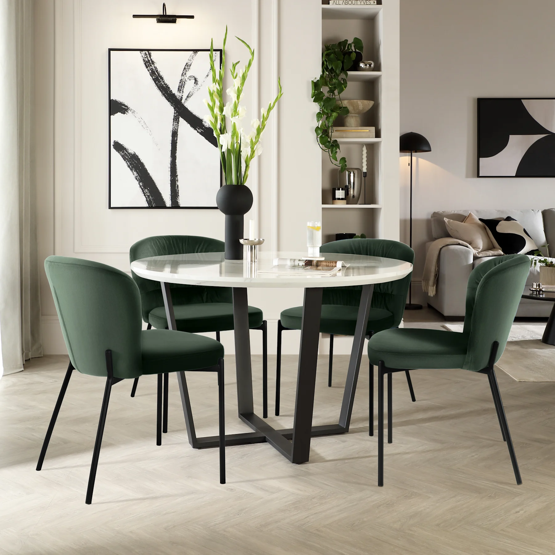 Traviso Round Dining Table & 2 Gianna Chairs, White Marble Effect & Black Steel, Moss Green Classic Velvet, 120cm