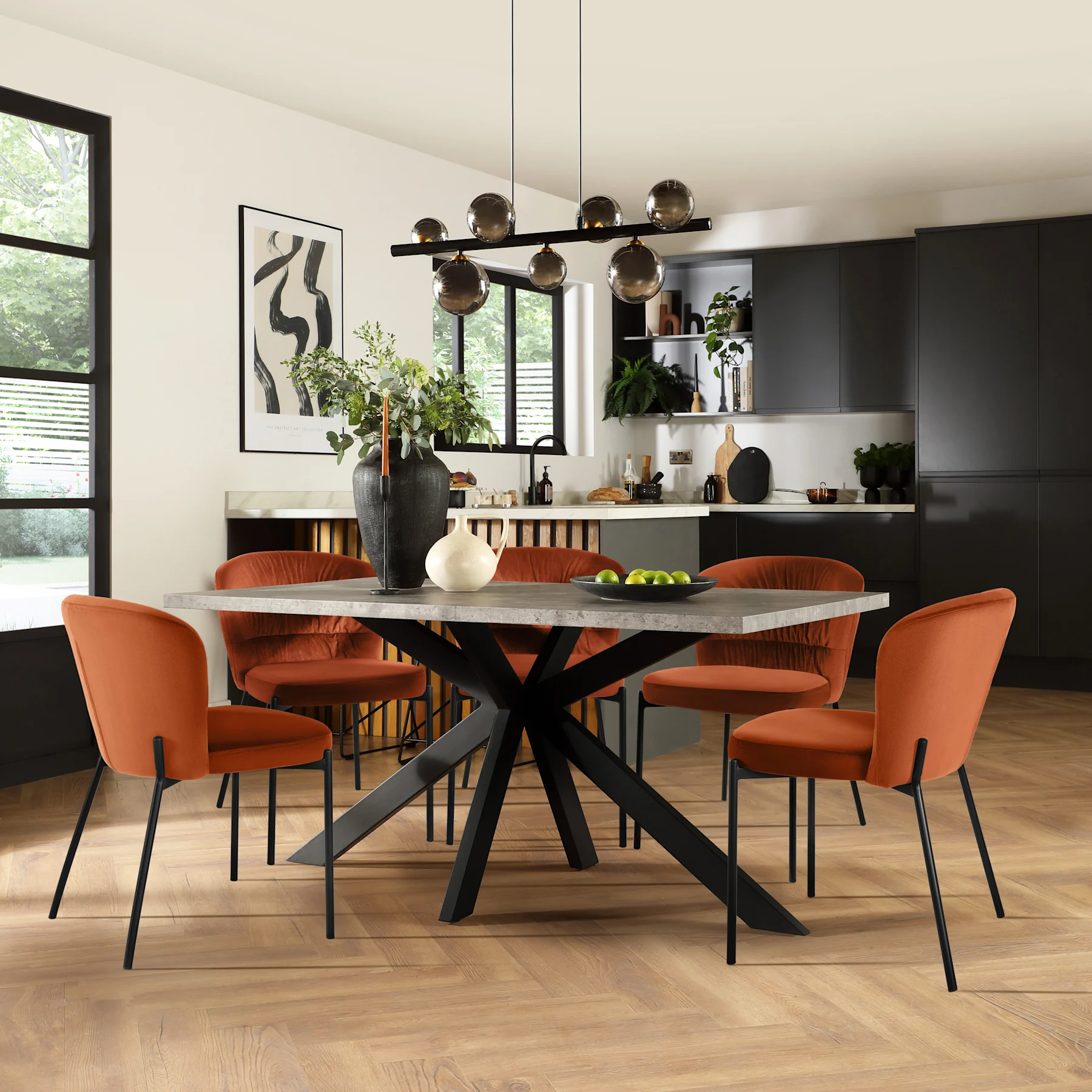 Madison Industrial Dining Table & 4 Gianna Chairs, Grey Concrete Effect & Black Steel, Burnt Orange Classic Velvet, 160cm