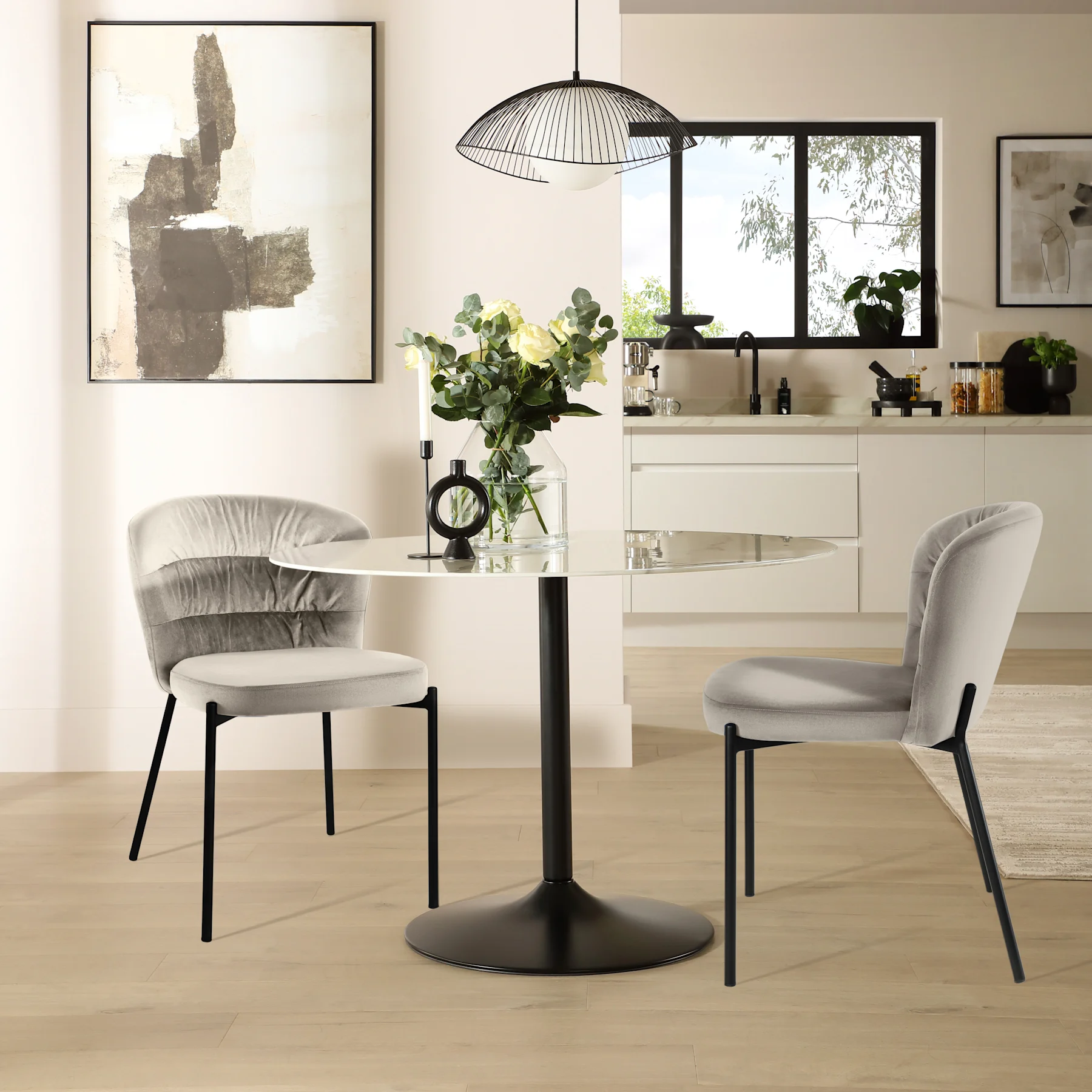 Orbit Round Dining Table & 2 Gianna Chairs, White Marble Effect & Black Steel, Grey Classic Velvet, 110cm
