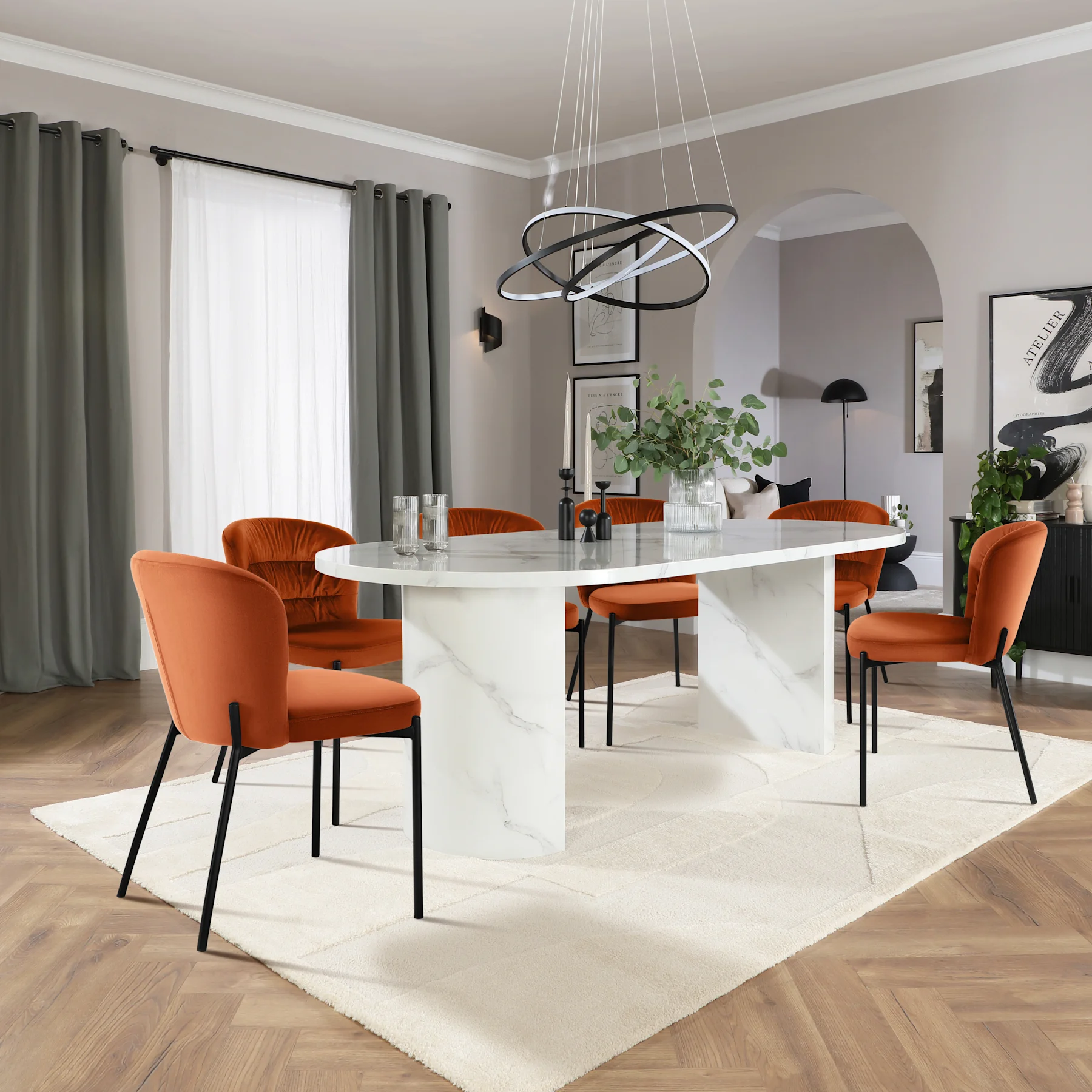 Genoa Oval Dining Table & 6 Gianna Chairs, White Marble Effect, Burnt Orange Classic Velvet & Black Steel, 220cm