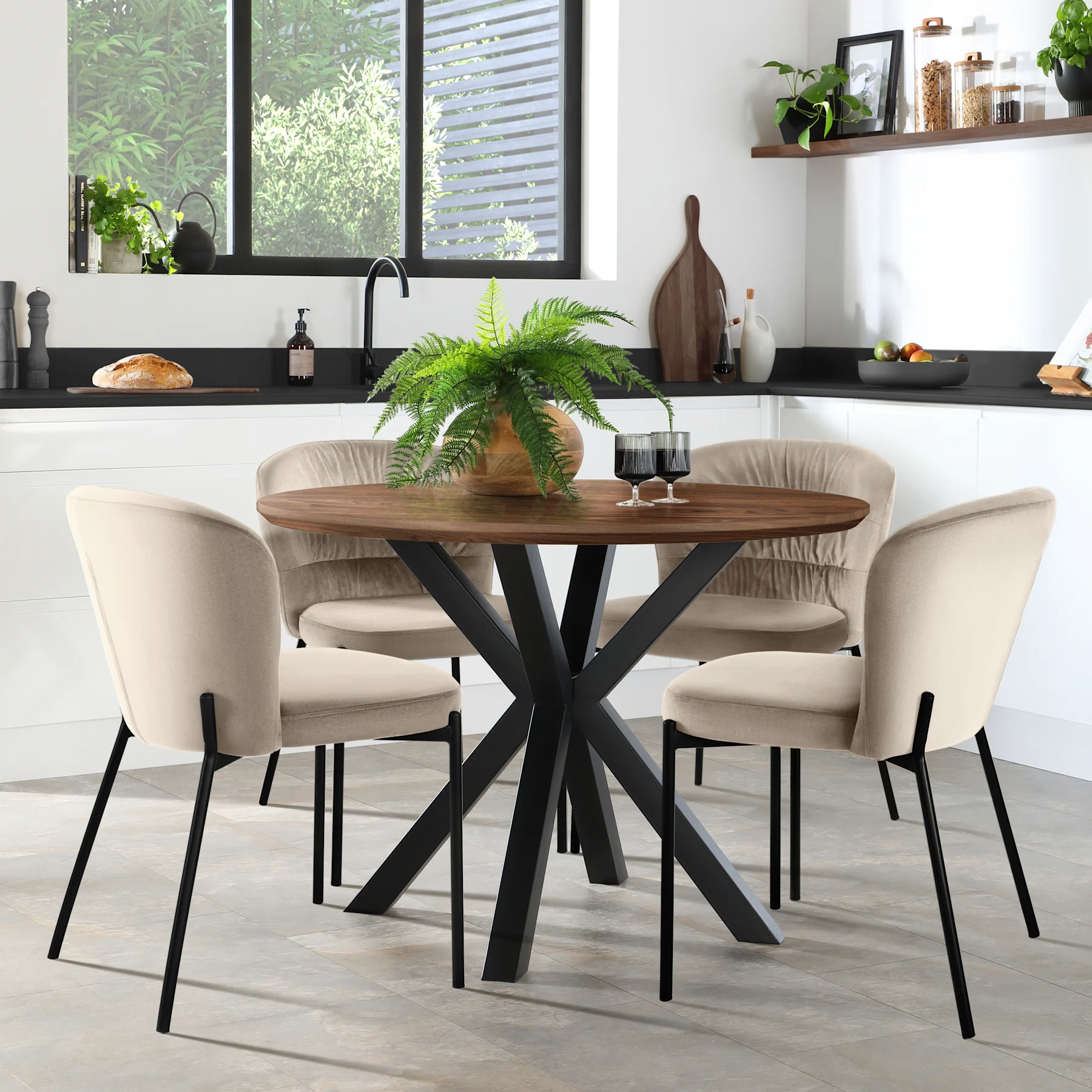 Newark Round Industrial Dining Table & 4 Gianna Chairs, Walnut Effect & Black Steel, Champagne Classic Velvet, 110cm