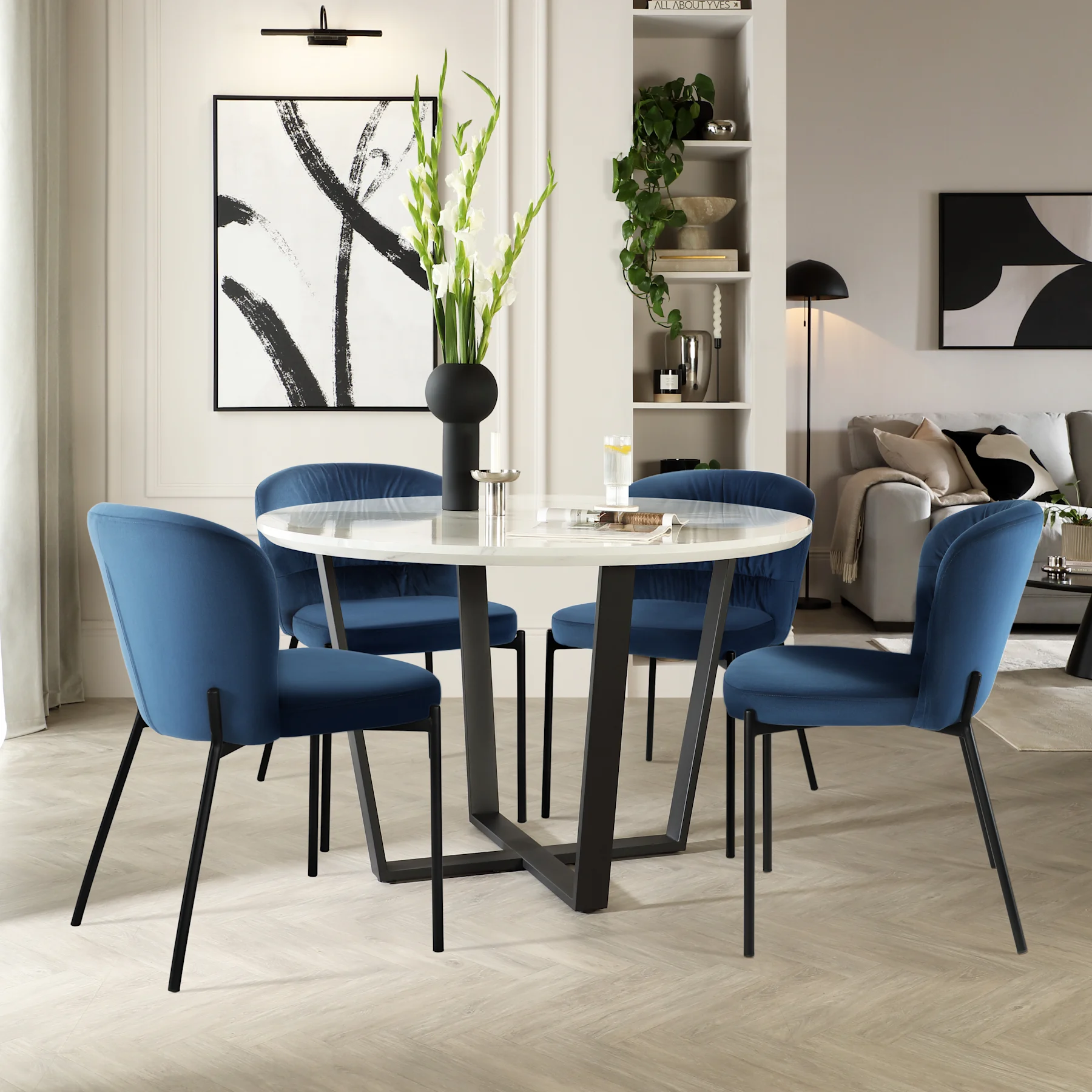 Traviso Round Dining Table & 2 Gianna Chairs, White Marble Effect & Black Steel, Blue Classic Velvet, 120cm