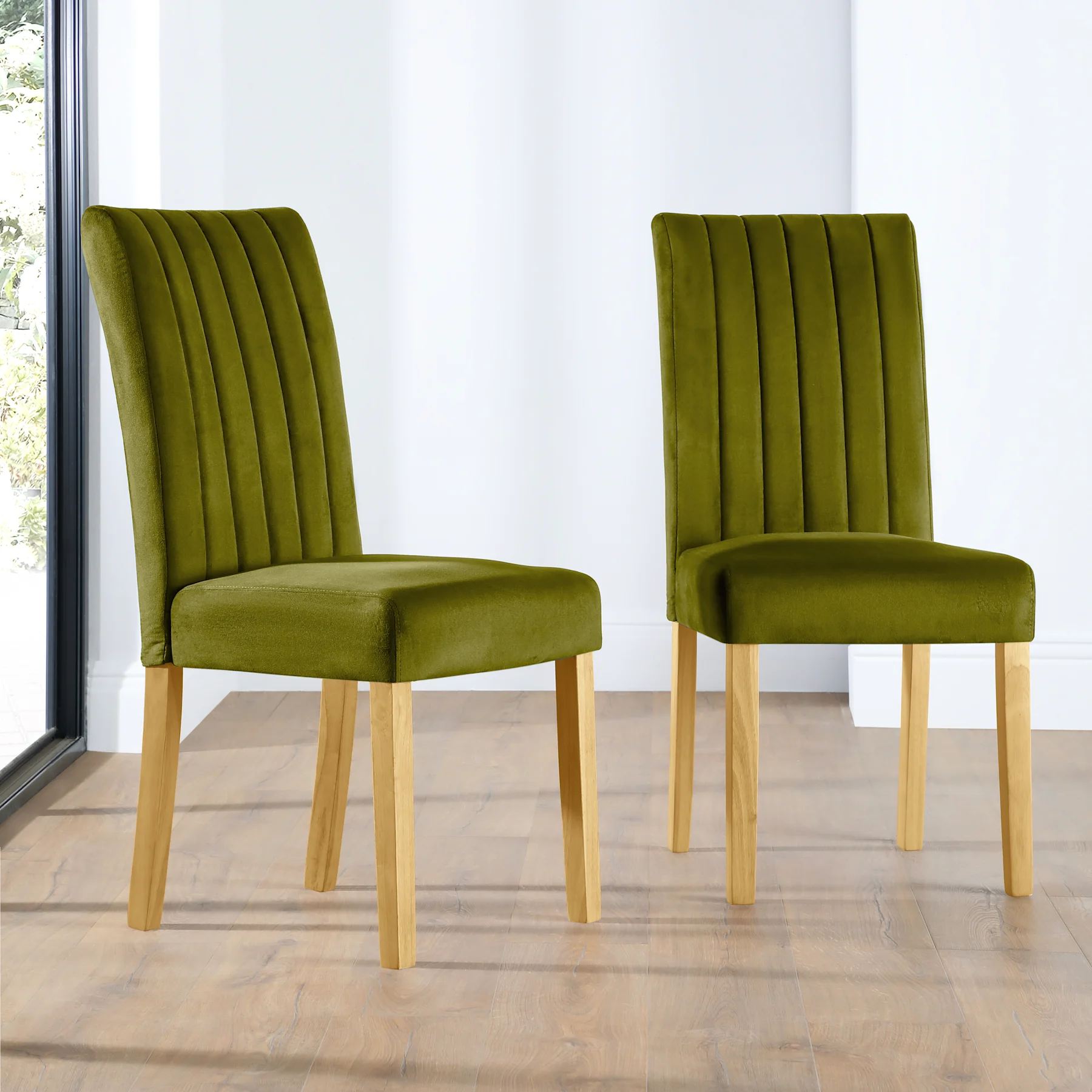 Salisbury Dining Chair, Olive Green Classic Velvet & Natural Oak Finished Solid Hardwood