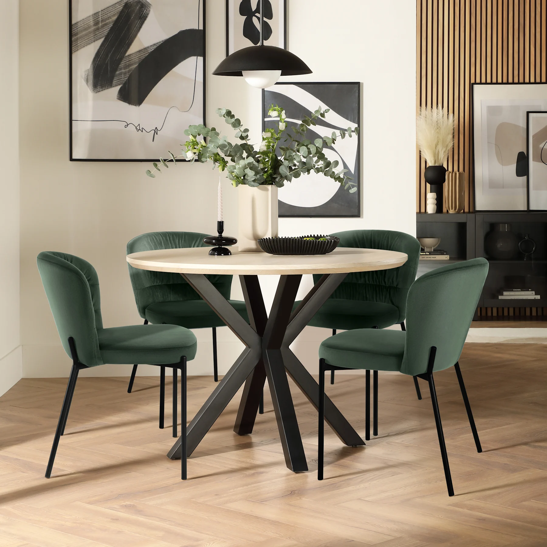 Newark Round Dining Table & 2 Gianna Chairs, Light Oak Effect & Black Steel, Moss Green Classic Velvet, 110cm