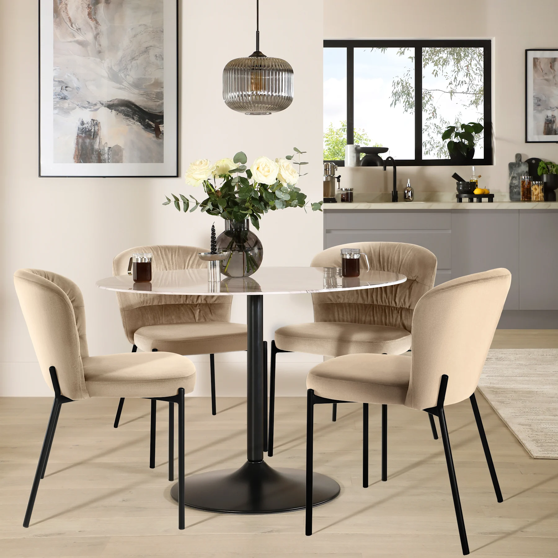 Orbit Round Dining Table & 4 Gianna Chairs, Grey Marble Effect & Black Steel, Champagne Classic Velvet, 110cm