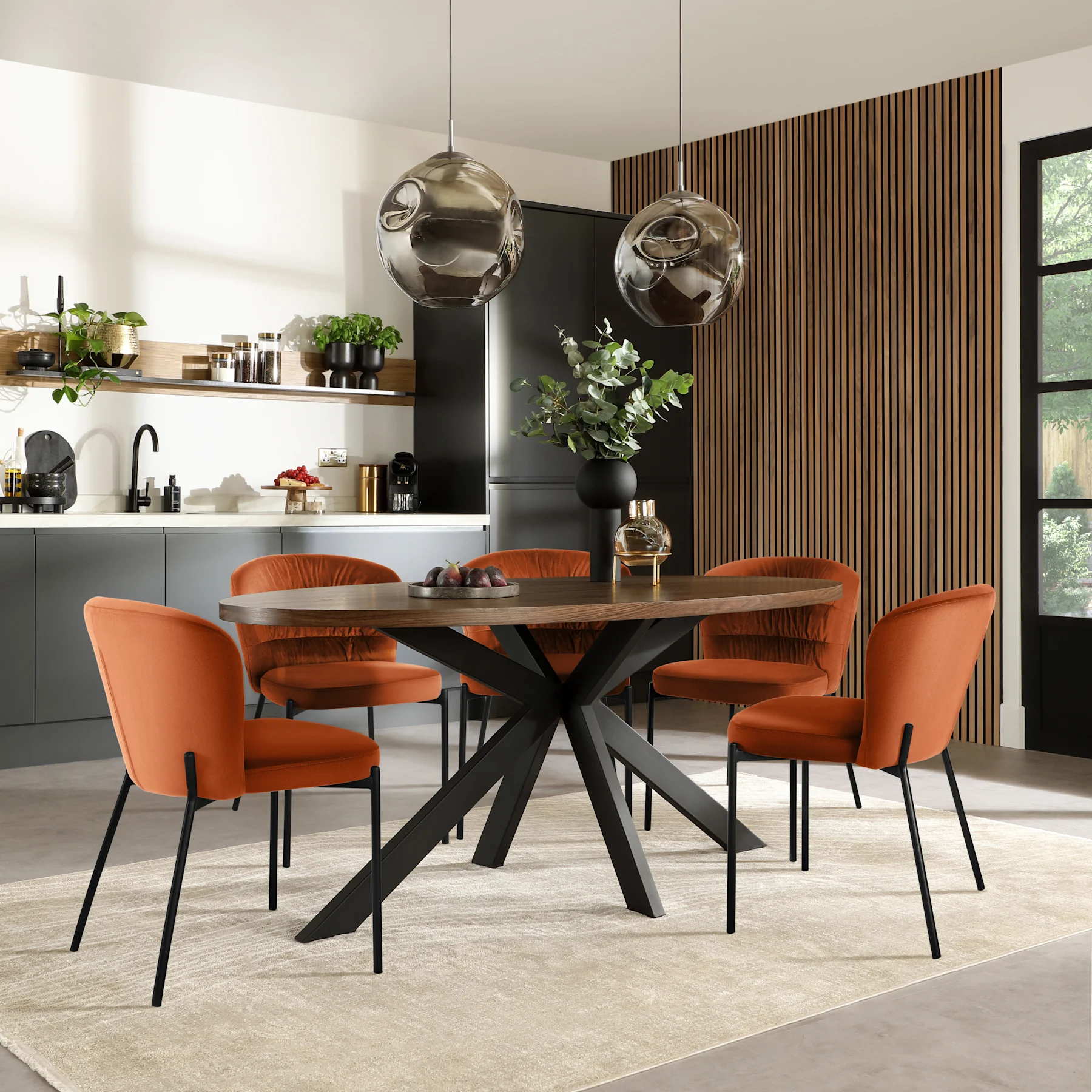 Madison Oval Industrial Dining Table & 4 Gianna Chairs, Walnut Effect & Black Steel, Burnt Orange Classic Velvet, 180cm