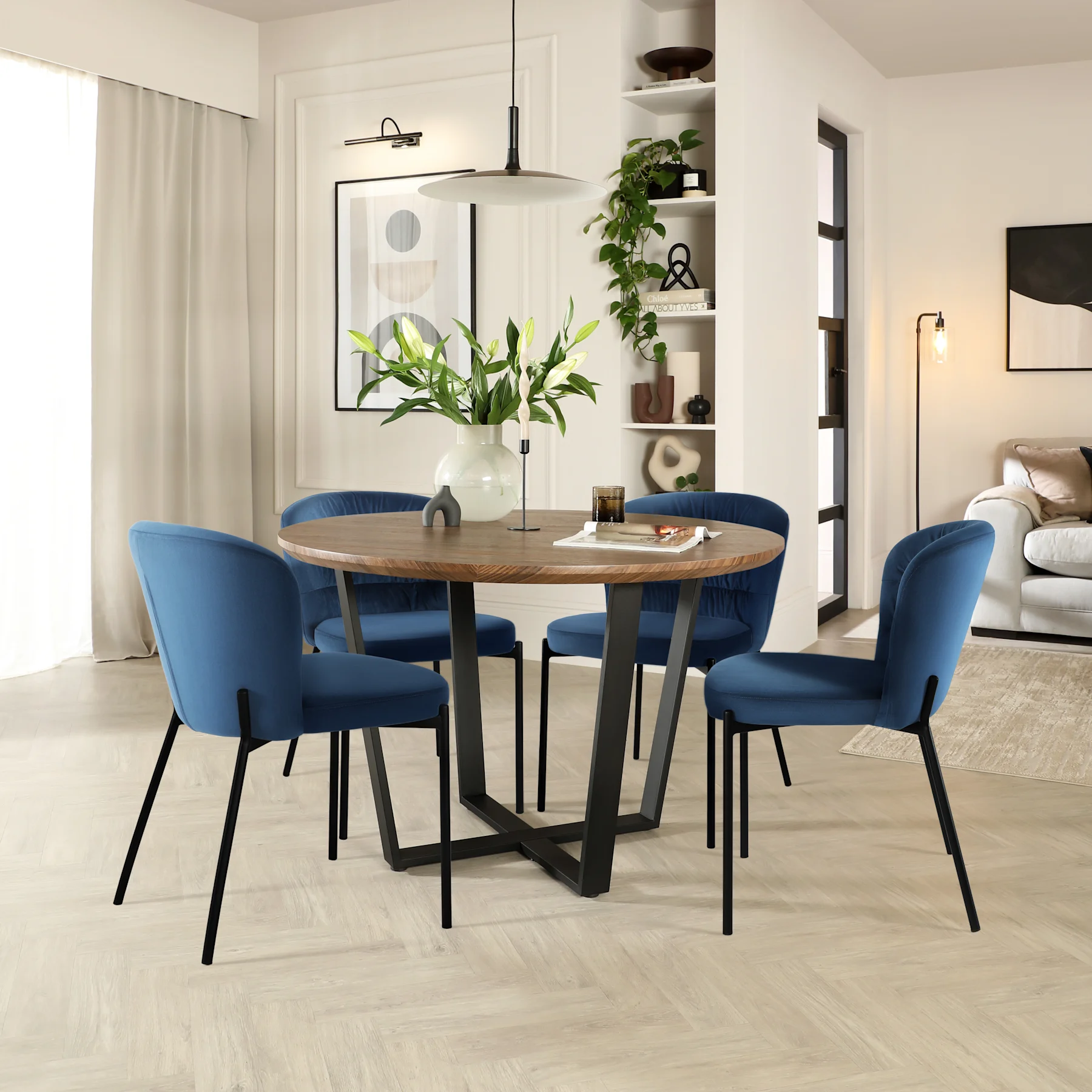 Traviso Round Dining Table & 2 Gianna Chairs, Walnut Effect & Black Steel, Blue Classic Velvet, 120cm
