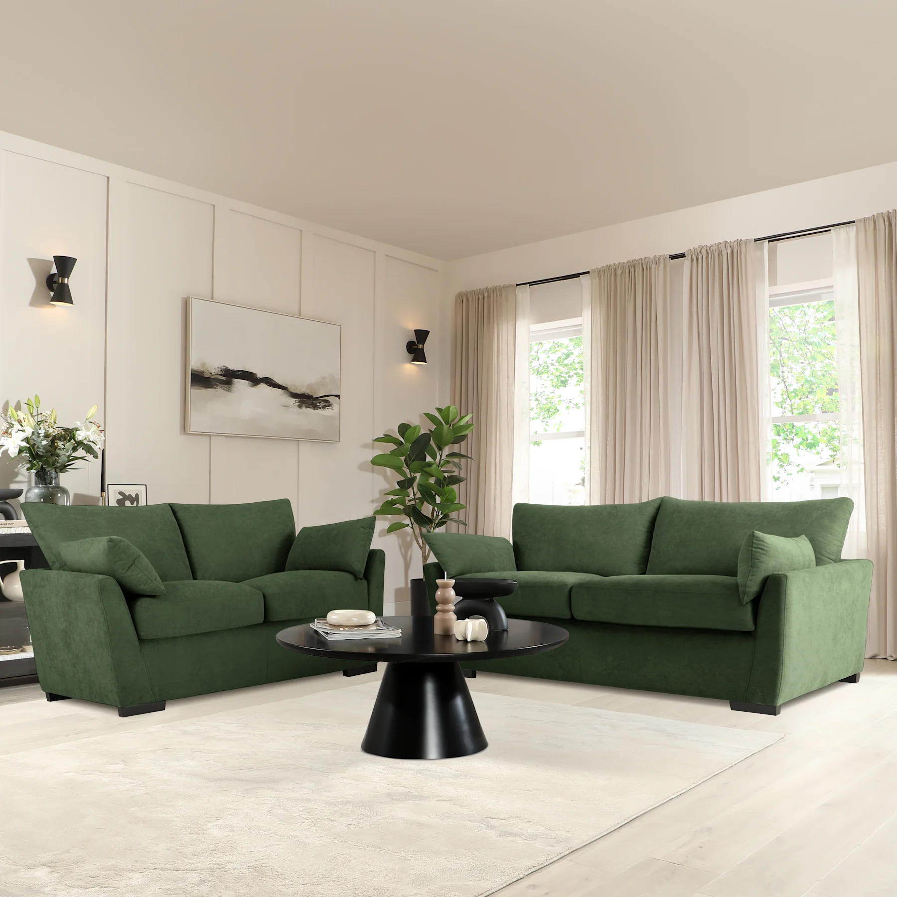 Langdon 3+2 Seater Sofa Set, Moss Green House Plush Fabric