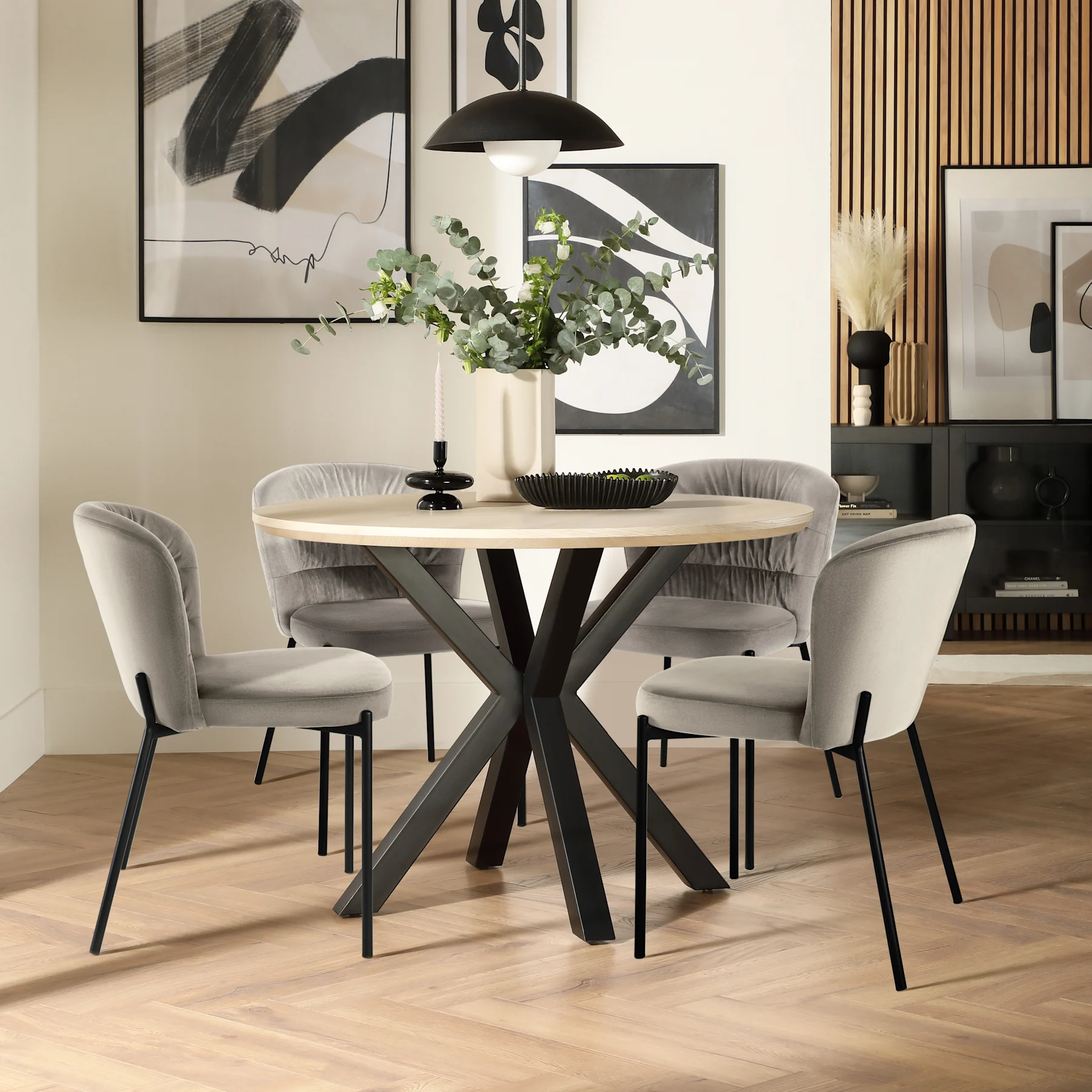 Newark Round Dining Table & 2 Gianna Chairs, Light Oak Effect & Black Steel, Grey Classic Velvet, 110cm