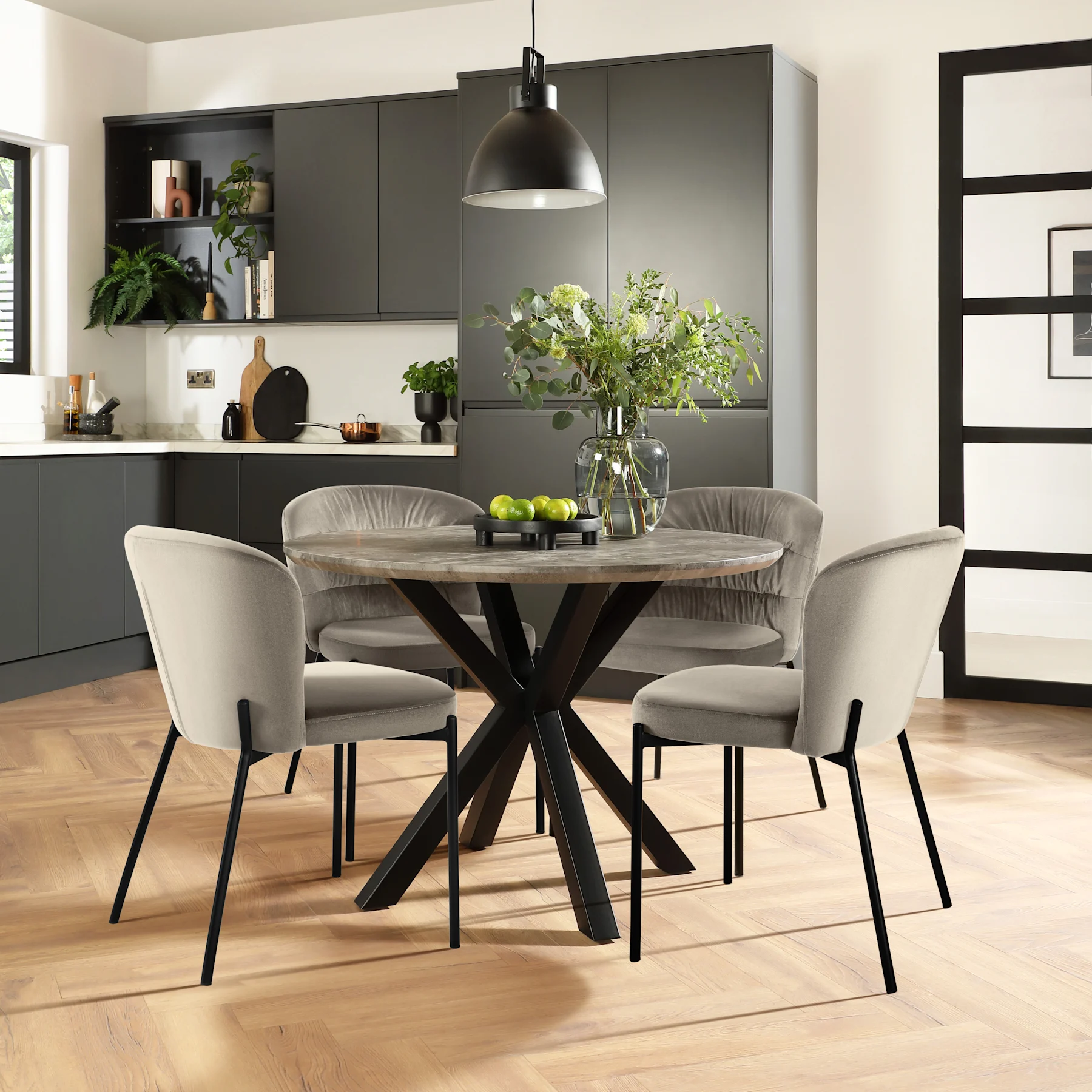 Newark Round Industrial Dining Table & 4 Gianna Chairs, Grey Concrete Effect & Black Steel, Grey Classic Velvet, 110cm