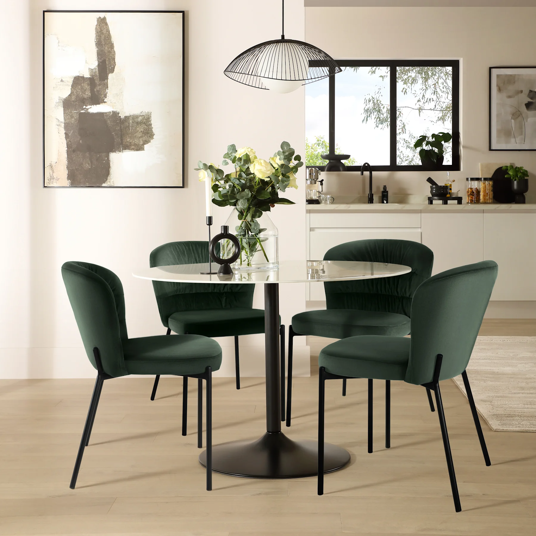 Orbit Round Dining Table & 4 Gianna Chairs, White Marble Effect & Black Steel, Moss Green Classic Velvet, 110cm