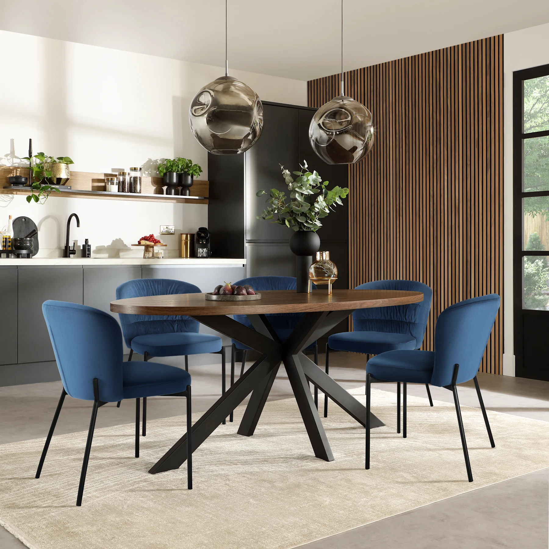 Madison Oval Industrial Dining Table & 4 Gianna Chairs, Walnut Effect & Black Steel, Blue Classic Velvet, 180cm